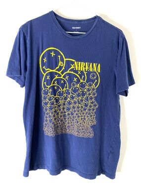 Old Navy Nirvana Blue Graphic Tee Yellow Logo Face Crew Neck Band T Shirt Grunge